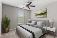 Sophisticated bedroom design featuring a cozy bed with stylish bedding, modern lamps, and a lush plant near the window.