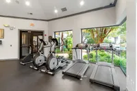 Bright and modern fitness center with cardio machines and large windows overlooking lush greenery.