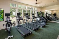 Bright, modern fitness center equipped with state-of-the-art treadmills and elliptical trainers, featuring large windows and lush outdoor views.