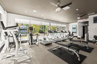 Bright and modern fitness center with treadmills and exercise machines overlooking scenic outdoor views.