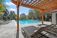 Inviting outdoor pool area with stylish lounge chairs and a wooden pergola, perfect for relaxation in a sunny, tranquil setting.