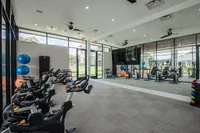 Modern gym facility with state-of-the-art stationary bikes, vibrant exercise balls, and a mirrored wall reflecting a spacious, bright workout environment.