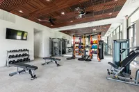 Modern and spacious gym with state-of-the-art equipment, sleek wooden ceiling, and large windows offering abundant natural light.