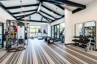 Modern fitness center with state-of-the-art equipment, sleek striped carpet, and large windows for natural light.