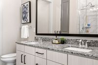 Elegant bathroom featuring a dual-sink granite countertop with modern fixtures, stylish artwork, and a large mirror, exuding luxury and comfort.