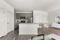 Furnished kitchen with extended kitchen island, stainless steel appliances, built in pantry, and light gray cabinets