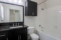 Modern bathroom with sleek black cabinetry, elegant granite countertop, and a pristine white bathtub for a luxurious feel.