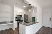Modern kitchen with sleek granite countertops, stainless steel appliances, and stylish pendant lighting, perfect for culinary enthusiasts.