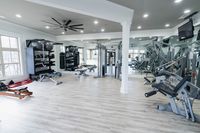 Modern apartment gym with advanced fitness equipment, mirrors, and natural lighting, perfect for a complete workout experience.