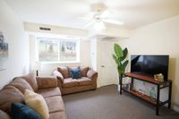 Pet-Friendly Apartments In Mansfield - Commons At Mansfield - Furnished Living Room With Carpet Flooring, Ceiling Fan, and A Window
