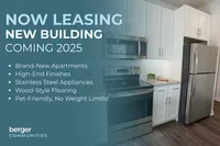 Promotional image for Berger Communities' new building, coming 2025. Features a sleek kitchen with stainless steel appliances, white cabinetry, and wood-style flooring. Highlights brand-new apartments with high-end finishes, pet-friendly policies, and no weight limits.