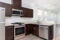 Contemporary kitchen with sleek stainless steel appliances, dark wood cabinets, and natural light through large windows.