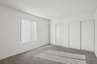 Bright and spacious empty room with plush carpeting, vertical blinds, and ample closet space.