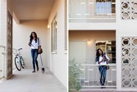 split image of woman walking a dog and woman holding dog in hallway at oasis 20