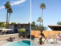 split image of aerial view of pool and woman climbing out of pool at oasis 20