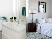 split image of bathroom sink and night table next to bed