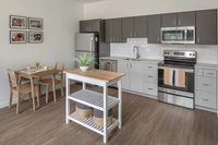 open kitchen with stainless steel appliances and vinyl wood like flooring at twelve mile crossing