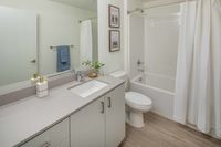 full bath with tub and vinyl wood like flooring and large vanity at twelve mile crossing