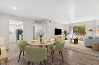 virtually staged dining room at Bridge Lane with dining table and chairs and showing view into living room