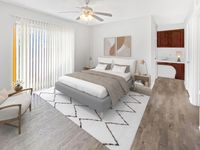 Modern bedroom with stylish accents Memorial Fountain Apartment Bedroom | Apartments in Houston, TX