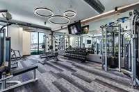 Sophisticated gym with modern equipment, stylish lighting, and large mirrors, offering a bright workout environment.