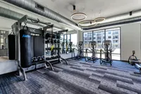 Sleek modern gym with top-of-the-line exercise equipment and large windows providing natural light.