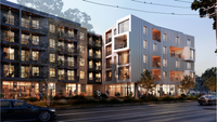 Experience urban living at its finest in this stylish apartment complex designed for modern lifestyles. Modern urban apartment complex with a blend of brick and metal facade, featuring balconies and large windows.
