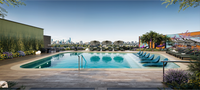Experience ultimate relaxation with breathtaking city views at this upscale rooftop pool. Elegant rooftop pool area with modern lounge chairs, vibrant greenery, and a striking city skyline.