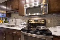 Modern kitchen with stainless steel appliances, elegant dark wood cabinetry, and sleek stone backsplash.