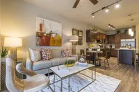 Inviting living area with stylish decor and open-concept modern kitchen, featuring elegant wood cabinetry and cozy lighting.
