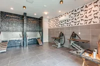Chic pet grooming room with modern washing stations, tiled walls, and playful dog-patterned wallpaper.
