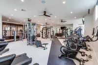 Modern fitness center with state-of-the-art exercise equipment, ample natural light, and spacious workout areas.