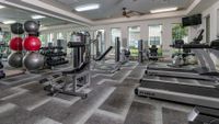 Modern apartment gym featuring state-of-the-art equipment, bright natural lighting, and sleek design.