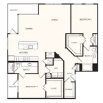 Modern floor plan showcasing 2 bedrooms, open living and dining area, kitchen with island, and dual balconies.