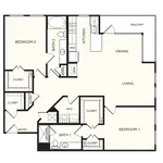 Modern apartment floor plan showcasing 2 bedrooms, open-concept living and dining area, spacious kitchen, and a private balcony.