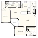 Modern 2-bedroom apartment floor plan featuring a spacious living area, open kitchen, two bathrooms, and a cozy balcony.