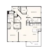 Modern floor plan showcasing 2 bedrooms, 2 bathrooms, spacious living area, and kitchen with dining space, complete with a balcony.