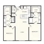 Modern 2D floor plan featuring 2 spacious bedrooms, sleek kitchen, and elegant living area, with 2 well-appointed bathrooms for convenient living.