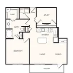 Modern apartment floor plan featuring one bedroom, a study, spacious kitchen, open living and dining areas, and a balcony. Ideal layout with convenient closets and bathroom design.
