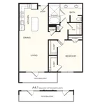 Elegant floor plan showcasing a spacious one-bedroom apartment with open living and dining areas, modern kitchen, and a luxurious bath. Includes a private patio/balcony for outdoor relaxation.