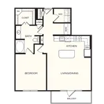 Modern 1-bedroom apartment floor plan featuring a spacious living and dining area, sleek kitchen with pantry, and private balcony.