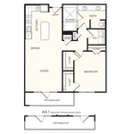 Chic 1-bedroom floor plan with spacious living and dining area, modern kitchen, and a private patio/balcony option.