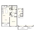 Inviting 1-bedroom floor plan with open kitchen, dining, and living area, featuring dual bath options and a cozy patio.