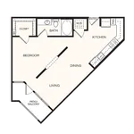 Contemporary 1-bedroom floor plan featuring an open-concept living and dining area, modern kitchen, and private patio.