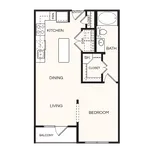 Inviting floor plan showcasing one-bedroom layout with spacious living and dining area, modern kitchen, and cozy balcony.