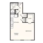 Modern floor plan with one-bedroom, featuring a spacious dining and living area, cozy kitchen, and efficient bathroom layout.