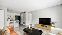 Livingroom with hardwood floor cream rug, black coffee table, orange leather couch, flat screen TV, kitchen, barstools