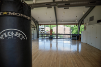 Spacious, sunlit gym with floor-to-ceiling windows, showcasing a polished wooden floor and modern punching bags.