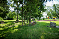 Charming outdoor recreational area with picnic tables, barbecue grills, and a vibrant children's playground nestled among lush green trees.