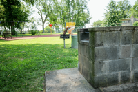 Charming park with a playground, picnic table, and barbecue grill surrounded by lush greenery.
